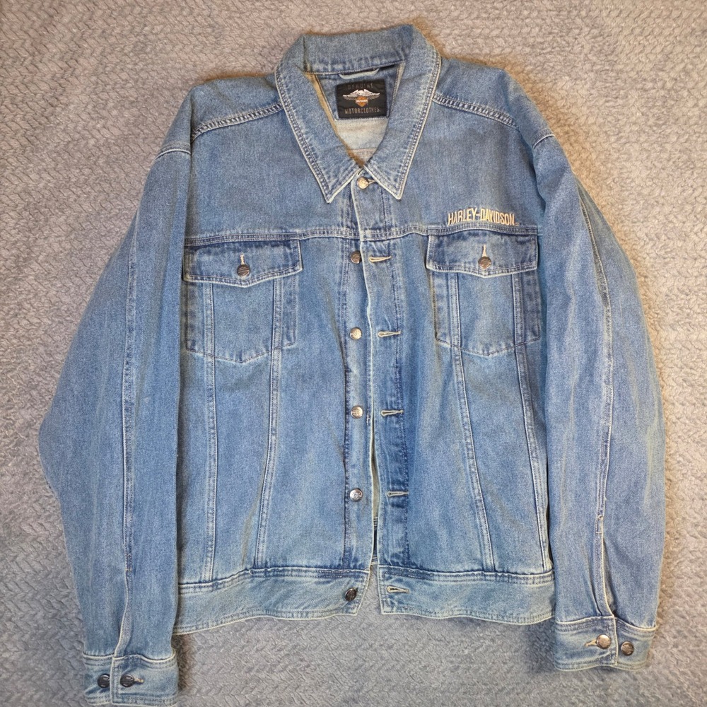 Harley-Davidson Mens Blue Denim Trucker Jacket Embroidered Back Logo 2XL